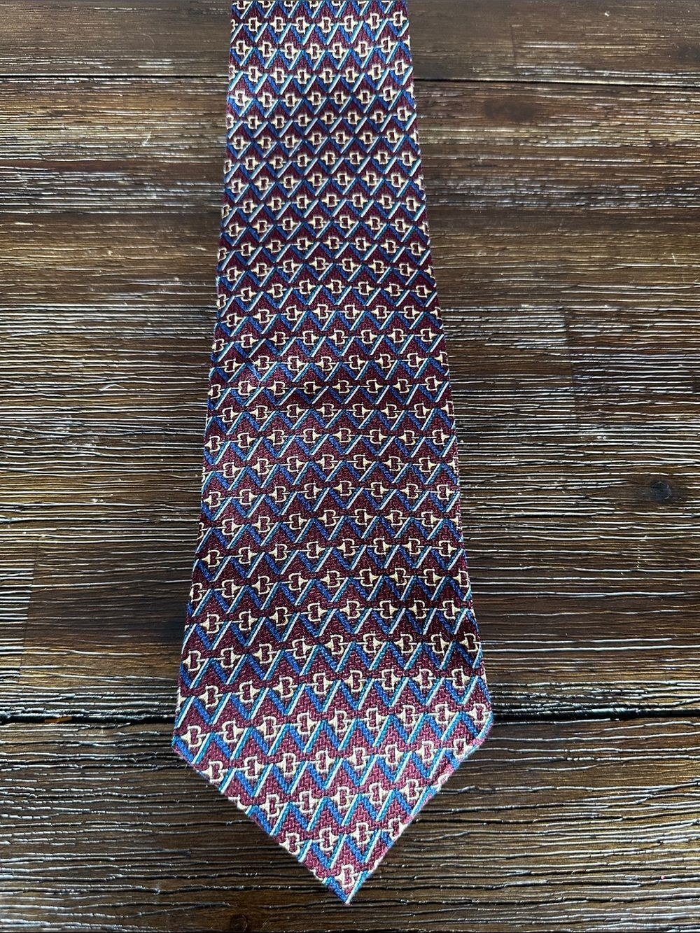 Pierre Balmain Burgundy and Blue Geometric Silk Tie